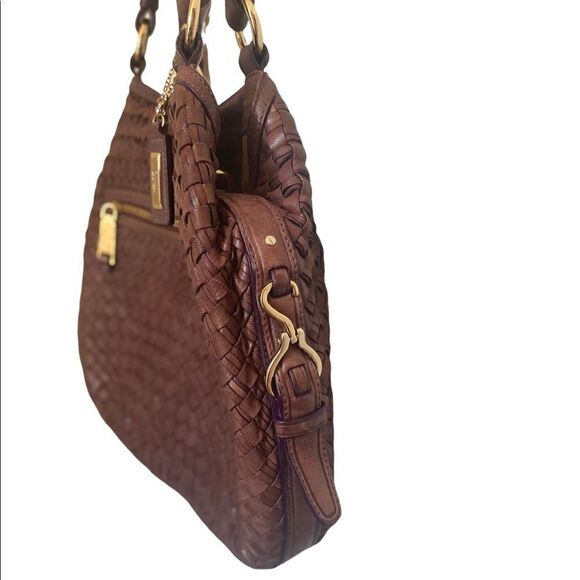 Cole Haan Genevieve Woven Leather Hobo Bag Brown Brass Hardware Shoulder Purse - Picture 4 of 9